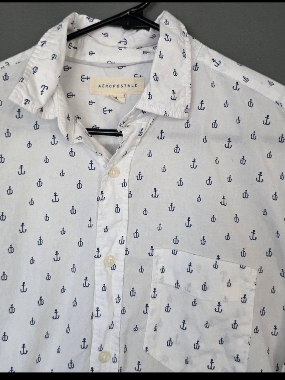 Aeropostale Men’s White Button-Front Shirt with Navy Anchor Print
